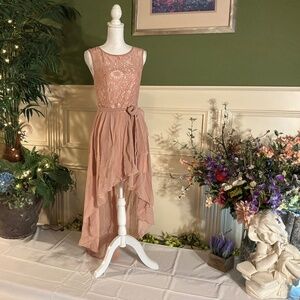 Blush pink hi low casual lace dress with chiffon bottom